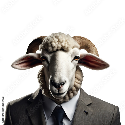 Portrait of Humanoid Anthropomorphic Sheep Wearing Businessman Suit Isolated Transparent