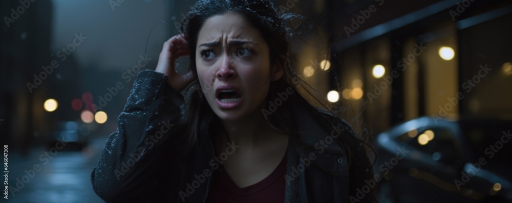 On empty street late at night, young Hispanic woman paces furiously, locked in heated argument over phone. long hours of distress and frustration have spiraled into impulsive anger. irritability,
