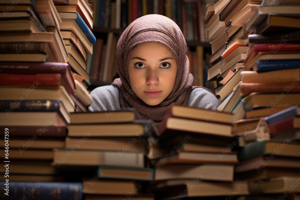 Amidst eerily quiet library, middleaged woman of MiddleEastern descent finds herself lost in sea of books. fingers tremble over titles, eyes skimming lines filled with palpable sense of existential Amidst eerily quiet library, middleaged woman of MiddleEastern descent finds herself lost in sea of books. fingers tremble over titles, eyes skimming lines filled with palpable sense of existential