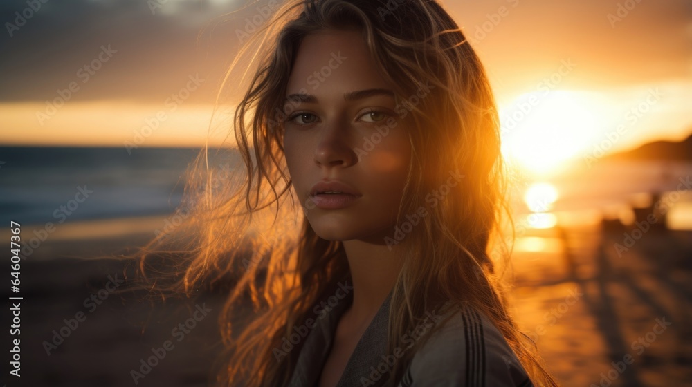 young woman, at cusp of adulthood, seen observing vibrant sunset from beach. pensive expression perhaps hinting at internal emotional conflict, psychological condition wherein individual torn young woman, at cusp of adulthood, seen observing vibrant sunset from beach. pensive expression perhaps hinting at internal emotional conflict, psychological condition wherein individual torn