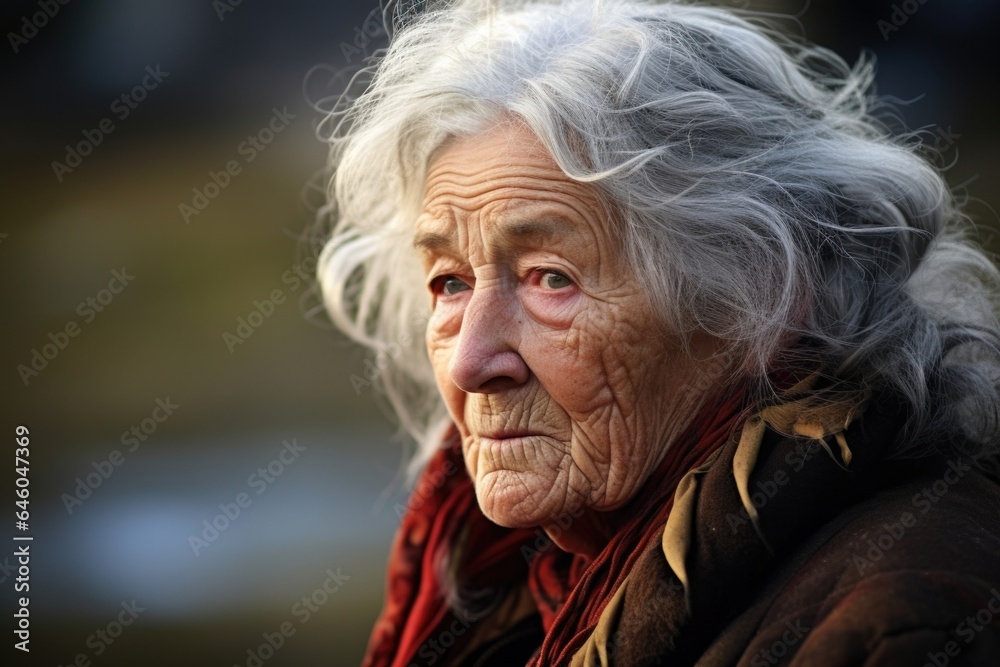 elderly lady of European descent, with silver strands of hair showcasing wisdom and experience, gazes nostalgically at old, rustic mansion in Scottish countryside. expression on face signifies
