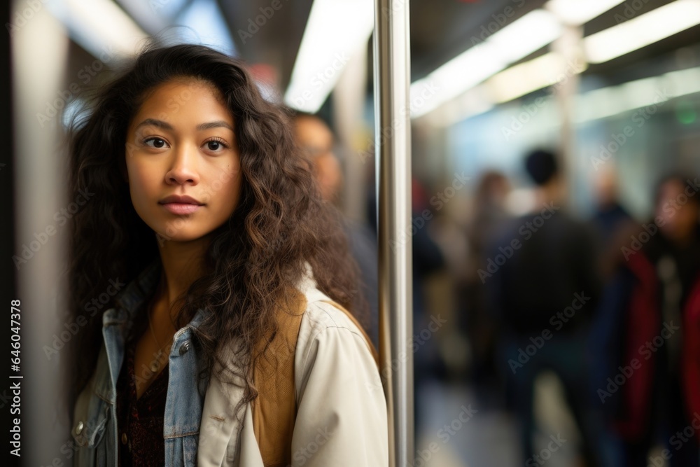 custom made wallpaper toronto digitalyoung Pacific Islander woman stands in buzzing metro, lost in view outside train window. She psychology graduate student, exploring dialectical behavior therapy approach for thesis, hoping