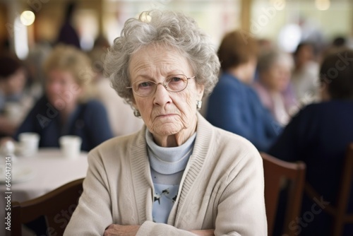 elderly Caucasian woman sits uncomfortably, advantage point at busy social gathering taken. growing dislike for loud surroundings reflects diminishing sensory adaptation, and facial expression