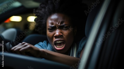 Amidst blaring horns and chaotic traffic, young African woman stuck behind wheel of car, ensnared by road rage, constantly displaying irritability. external locus of control shifts every minute, © Justlight