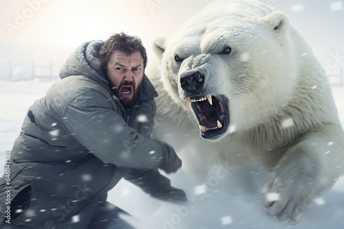 In harsh, isolated setting, young snowwhite Caucasian male scientist, confronted by extreme threat of polar bear encounter, goes into fightorflight stress response. body prepares photo