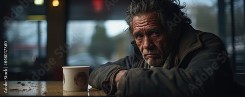aboriginal North American man sits alone at cafe, face embodies sense of despair. disinterest in engaging in anything mirrors effects of compassion fatigue, psychological condition marked by