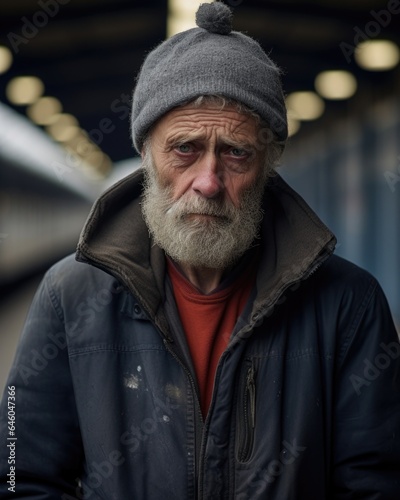 At suburban train station, under heavy steel sky, stands middleaged Caucasian man. face marked with worry lines, denoting pain of mental , distress. withdrawn demeanor and disinterest in surroundings