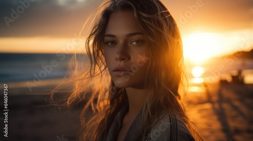 young woman, at cusp of adulthood, seen observing vibrant sunset from beach. pensive expression perhaps hinting at internal emotional conflict, psychological condition wherein individual torn © Justlight