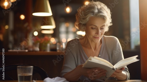 mature European woman seated at cozy cafe, engrossed in book called Anatomy. She cognitivebehavioral the, feeding growing interest in emotional turmoil with knowledge empathy evident in care photo