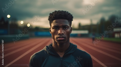 young Black teenager, athletic in build, slowing running pace to standstill on typically bustling city sports track, deserted evening stretches. PostTraumatic Stress Disorder reemerges, triggered photo