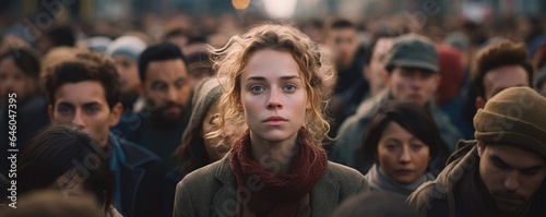 young European woman amidst crowded festival displays symptoms of Agoraphobia, fear of wideopen spaces or crowded areas. body language speaks volumes rigid stance, tightly clasped hands, and