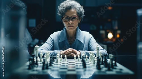 Canvastavla In welllit professional space, mature Caucasian woman in glasses deep in reflection, eyes revealing mental chess game of defense mechanisms unfolding in mind