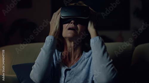 middleaged Caucasian woman sits in comfortable lounge facing television screen. On screen, simulated environment mimics phobia bustling crowd while employs Virtual Reality Exposure Therapy