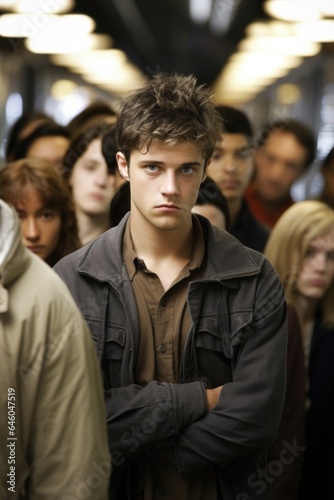 young Caucasian male stands at edge of subway platform amidst rushhour crowd, scenario previously unimaginable due to agoraphobia. Adopting emotional processing theory, important concept within