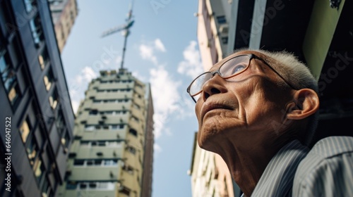 In urban setting, elderly Oriental man engaged in exposure therapy to combat fear of heights. Looking up at towering skysers, body language suggests initial anxiety but with each deep breath,