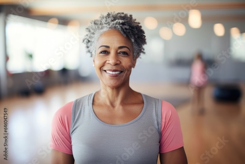 woman in middle age, of African American ethnicity, standing in spacious, brightly lit yoga studio. she moves with grace and precision through series of postures, she personifies psychological