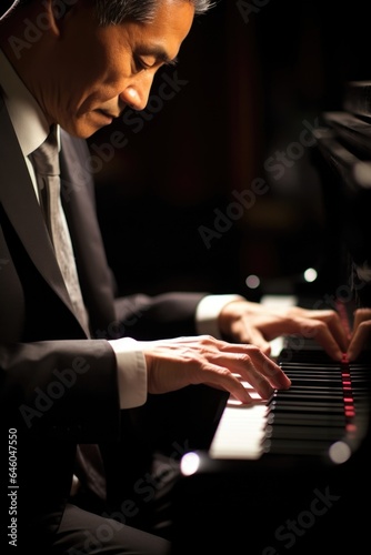 Late in evening, gentleman of Asian heritage sits at grand piano in softly lit room. way fingers dance over keys, bringing haunting melodies to life, speaks volumes about abilities of brain