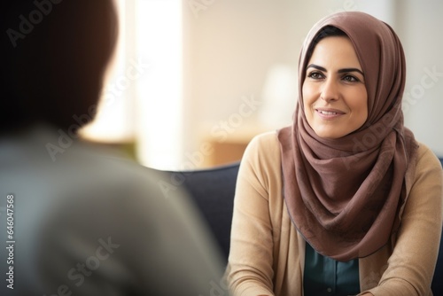seasoned Middle Eastern woman, emotion etched into expressive features, gently comforts client undergoing rigorous debriefing procedure. expert understanding of developmental psychology brings