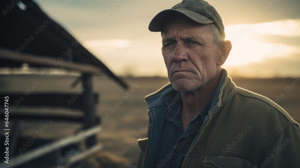 In heartland of America, middleaged Caucasian farmer tills land. vision of determination, he manages panic disorder with selective serotonin reuptake inhibitors, turning psychological battleground - obrazy, fototapety, plakaty 
