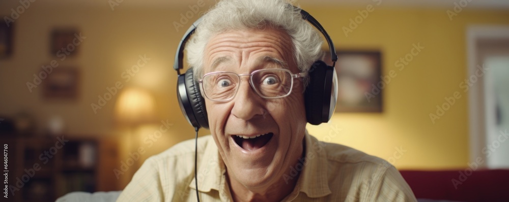 Caucasian male in old age was startled while enjoying humorous sitcom on television in cozy living room. amusing reaction mirrors laughterstartle paradigm, shedding light on intriguing yet - obrazy, fototapety, plakaty 