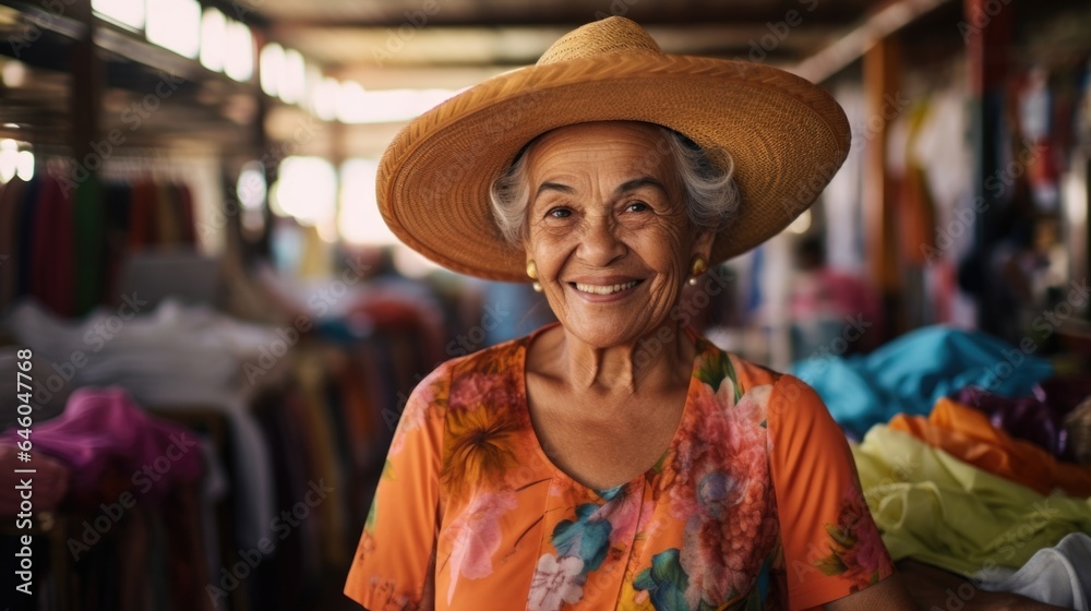 elderly Latina, dd in vibrant attire, pictured in bustling local market. She engages heartily in conversation, portraying excellent social skills outcome of successful interpersonal therapy