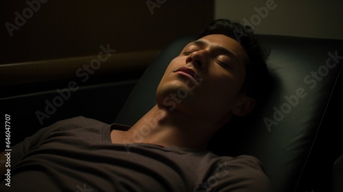 youthful Latino man laying down on therapy couch, eyes closed, deep within session of Prolonged Exposure. the present but quiet, allowing him to narrate distressing memory repeatedly to help