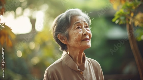 elderly Asian female, startled while walking in serene garden, presents interesting depiction of hedonic treadmill observed tendency of humans to quickly return to relatively stable level of