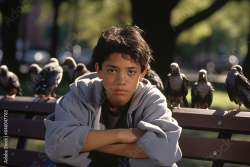 adolescent boy of Hispanic heritage, sitting on park bench and appearing startled at sudden chirping of birds, vividly embodies concept of Psychological Resilience. It refers to ability to photo