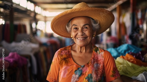 elderly Latina, dd in vibrant attire, pictured in bustling local market. She engages heartily in conversation, portraying excellent social skills outcome of successful interpersonal therapy