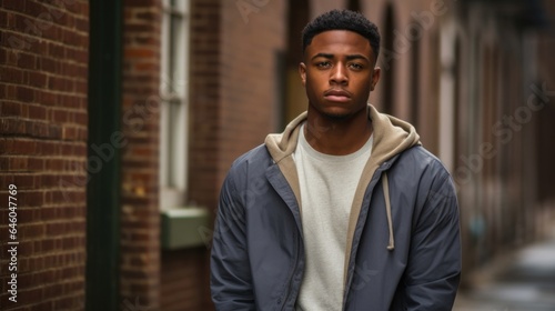 African American male, just past brink of youth, leans against brick wall in bustling urban setting. posture exhibits improved body language, demonstrating newfound confidence following exposure