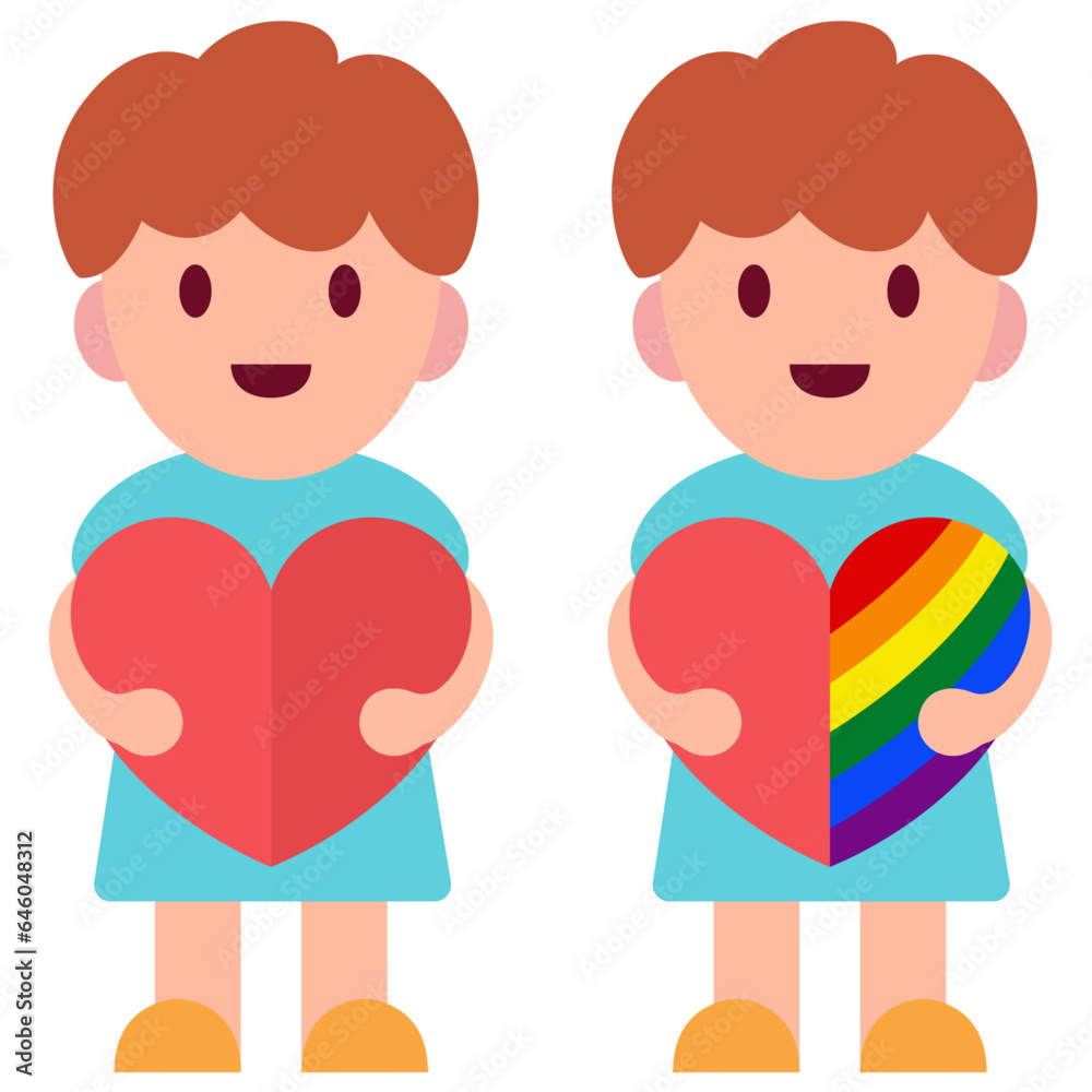 Kid holding a red heart and a rainbow colored heart flat style vector illustration, Boy holding a heart LGBT represent stock vector image Kid holding a red heart and a rainbow colored heart flat style vector illustration, Boy holding a heart LGBT represent stock vector image