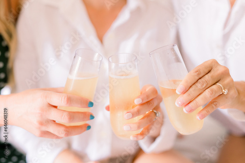 Cheers on a wedding day with champagne in glasses. A bride and her bridesmaids clink glasses together.