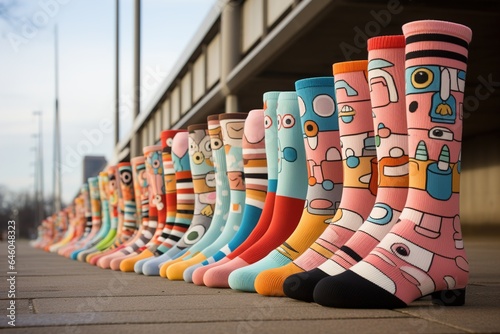 Weird odd socks day, anti-bullying social concept. Row of colorful socks on street, perspective photo