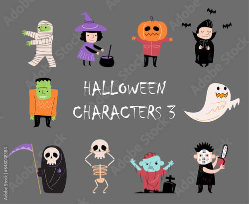Doodle style halloween cartoon characters . Gray isolate background . Vector . Set 3 of 4 .