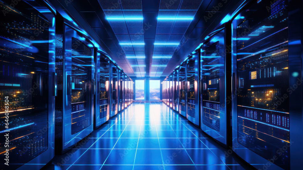 Data center server racks, computers and storage systems, cooling systems and redundant power supplies, networking cable management.Generative AI Data center server racks, computers and storage systems, cooling systems and redundant power supplies, networking cable management.Generative AI