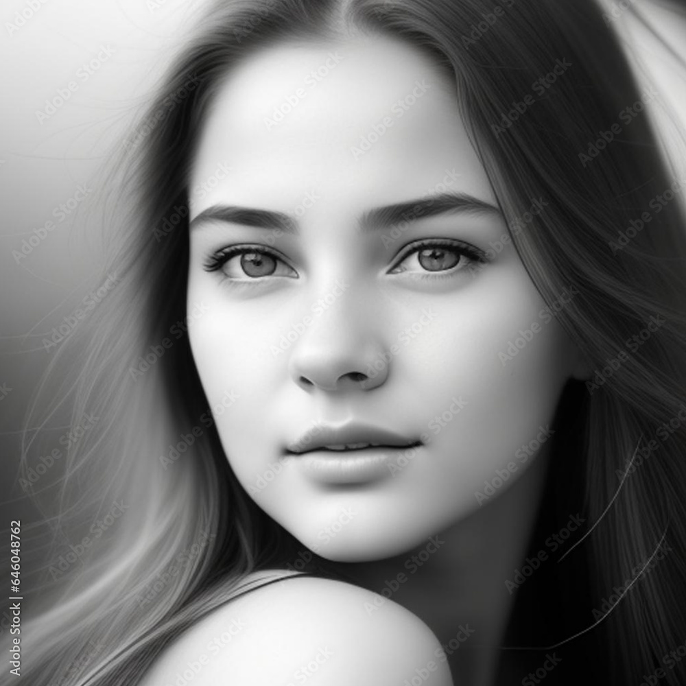 Fototapeta premium Monochrome detailed graphite pencil drawing portrait of a beautiful young woman. Generative AI