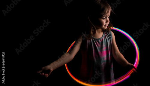 Cute girl dancing with joy in dark studio, illuminated blue generated by AI