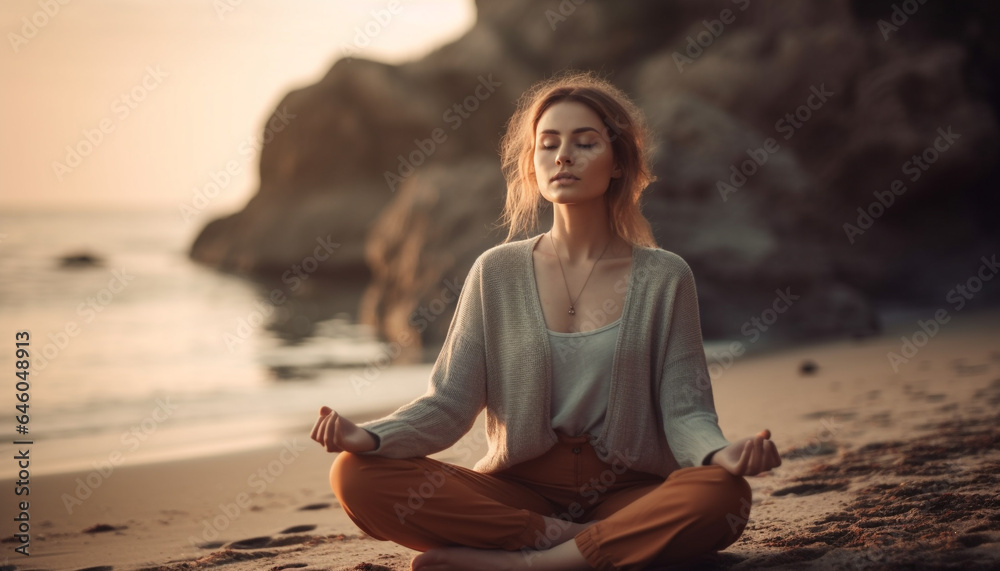One woman practicing yoga in lotus position at sunrise outdoors generated by AI