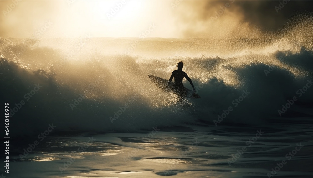 Muscular men surfing in Bali large waves at sunset generated by AI - obrazy, fototapety, plakaty 