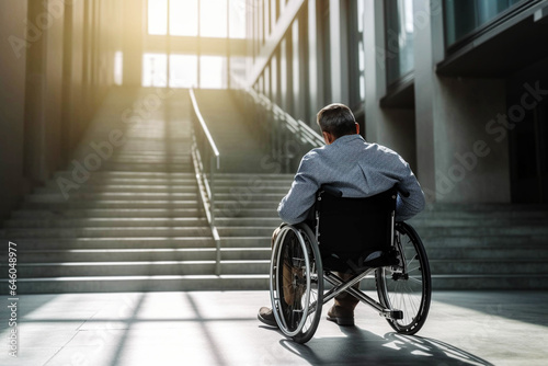 Man with a physical disability on wheelchair, sitting helpless in front of the stairs