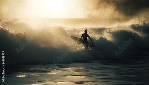 Muscular men surfing in Bali large waves at sunset generated by AI