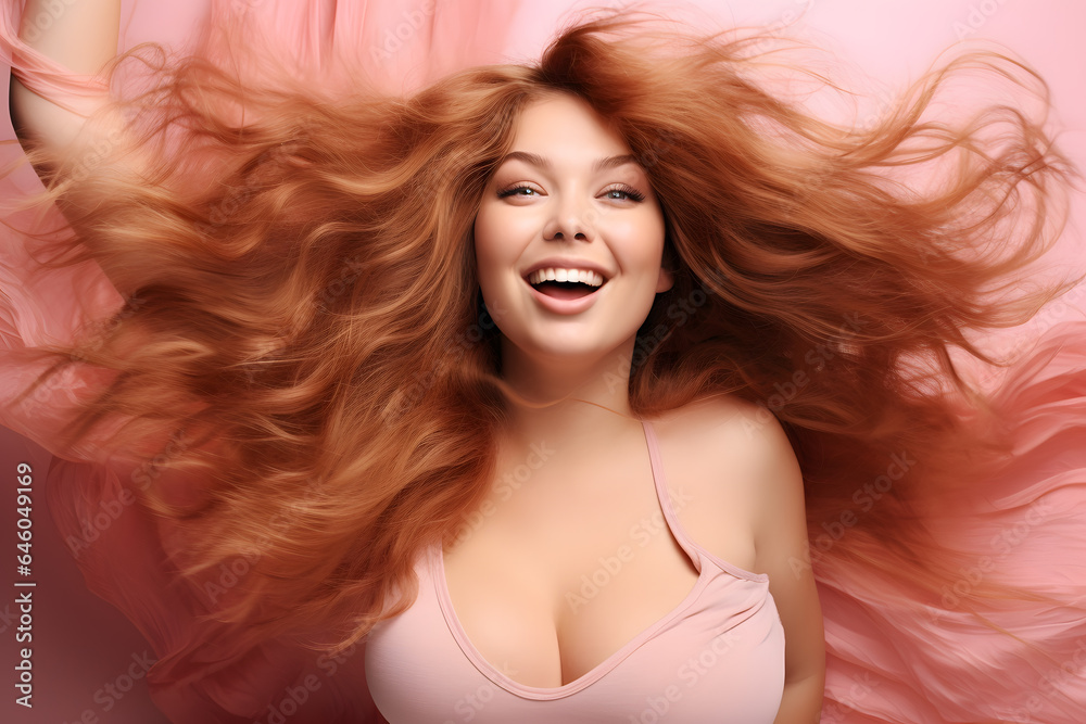 Beautiful smiling fat woman with long color hair. Body positive, plus size concept. Beautiful smiling fat woman with long color hair. Body positive, plus size concept.