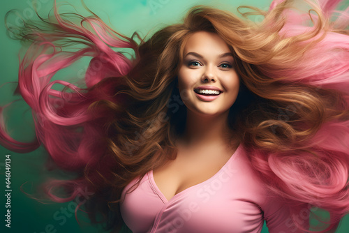 Beautiful  smiling fat woman with long color hair. Body positive, plus size concept.