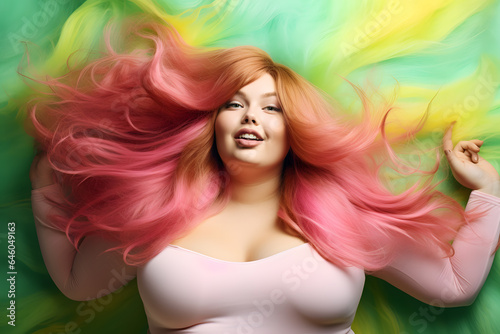 Beautiful  smiling fat woman with long color hair. Body positive, plus size concept.