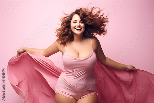 Beautiful  smiling fat woman with long color hair. Body positive, plus size concept.