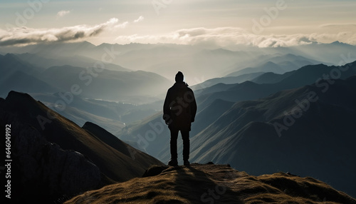 Standing silhouette on mountain peak, one person achieves adventure success generated by AI