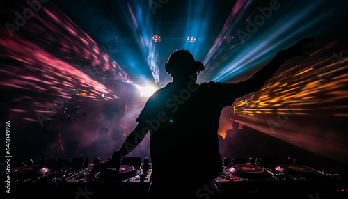 Men partying at nightclub, dancing to DJ turntable performance generated by AI