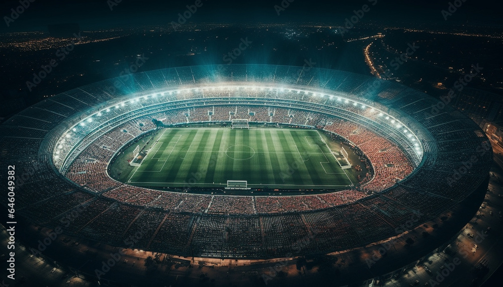 Competitive sport illuminated by floodlight on empty soccer field background generated by AI
