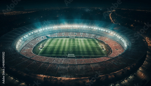 Competitive sport illuminated by floodlight on empty soccer field background generated by AI