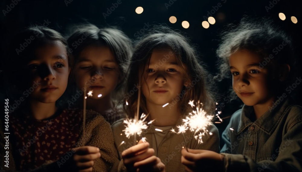 Cute children igniting flame, enjoying party, creating happiness outdoors generated by AI Cute children igniting flame, enjoying party, creating happiness outdoors generated by AI